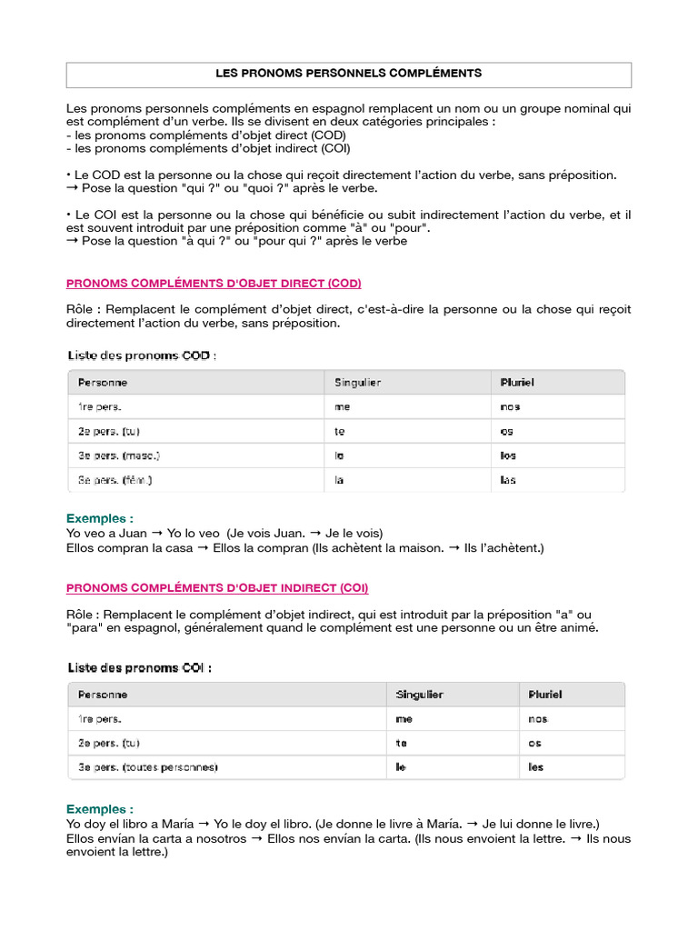 Pronoms personnels compléments en espagnol | PDF | Complément d'objet ...
