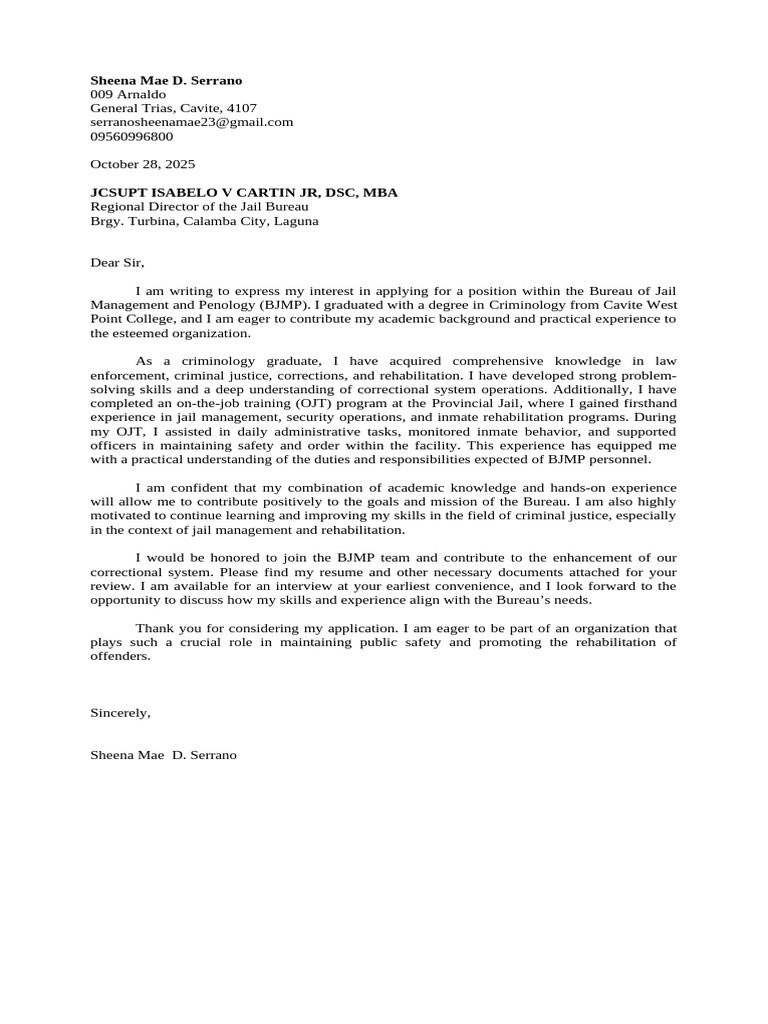 Application for BJMP Position by Sheena Serrano | PDF