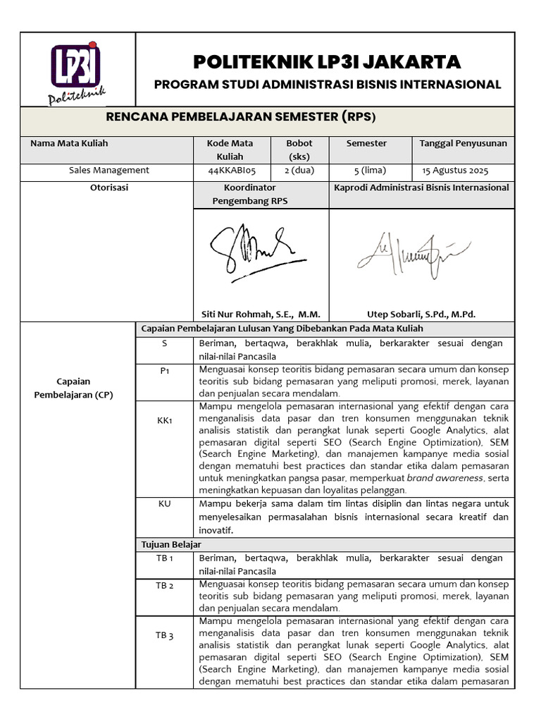 RPS Manajemen Penjualan Internasional | PDF
