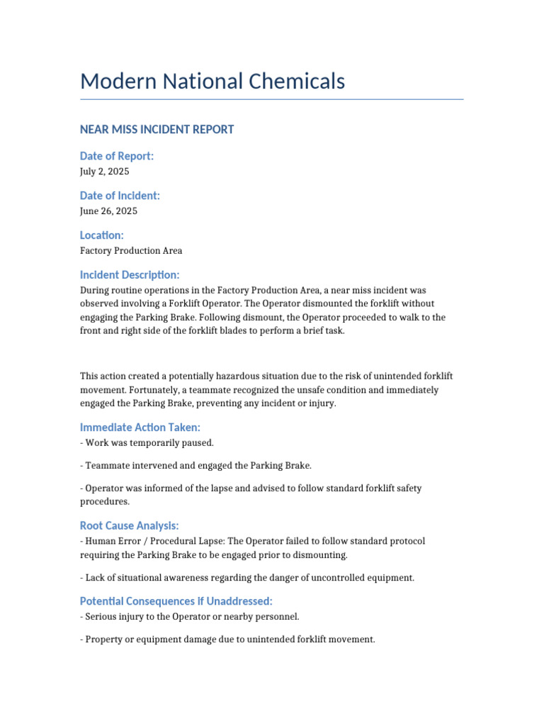 Forklift Near Miss Incident Report | PDF