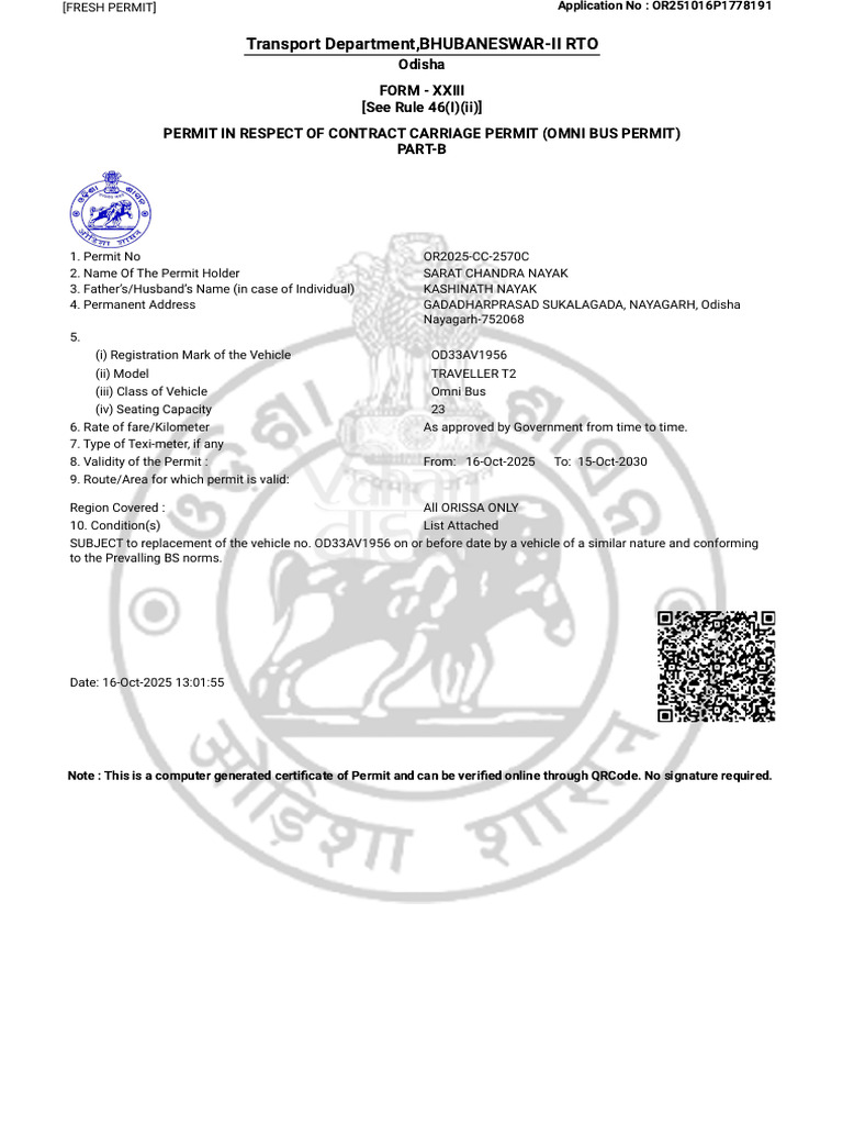 Odisha Omni Bus Permit Certificate | PDF
