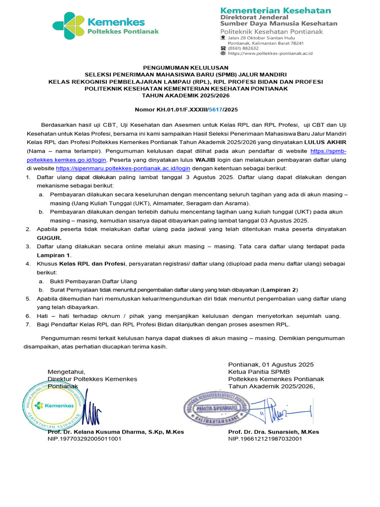 Pengumuman Kelulusan SPMB Poltekkes 2025 | PDF