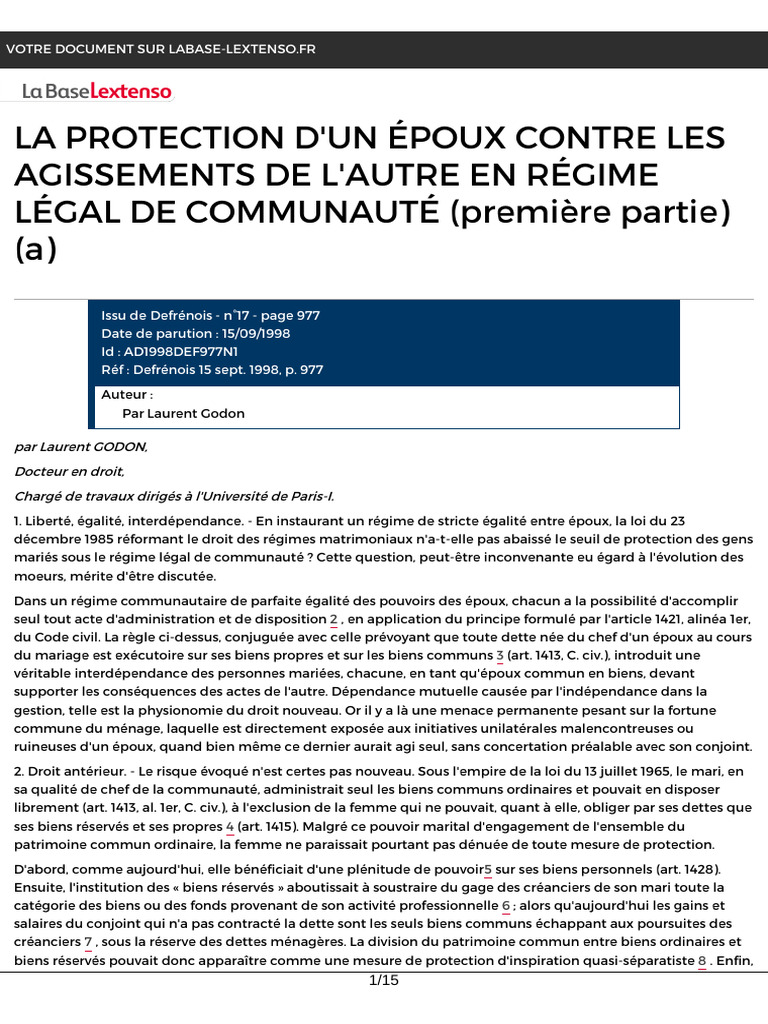 Protection des époux en communauté légale | PDF | Mariage | Débiteur