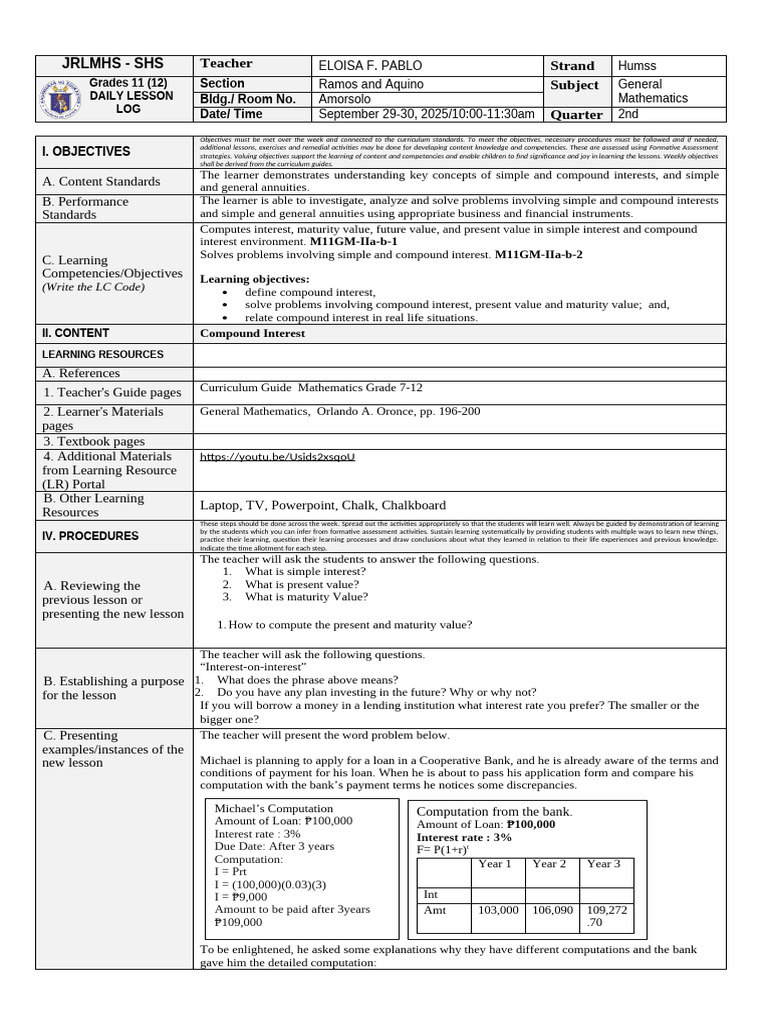 WEEK 6 of General Mathematics Sample DLP | PDF | Interest | Compound ...