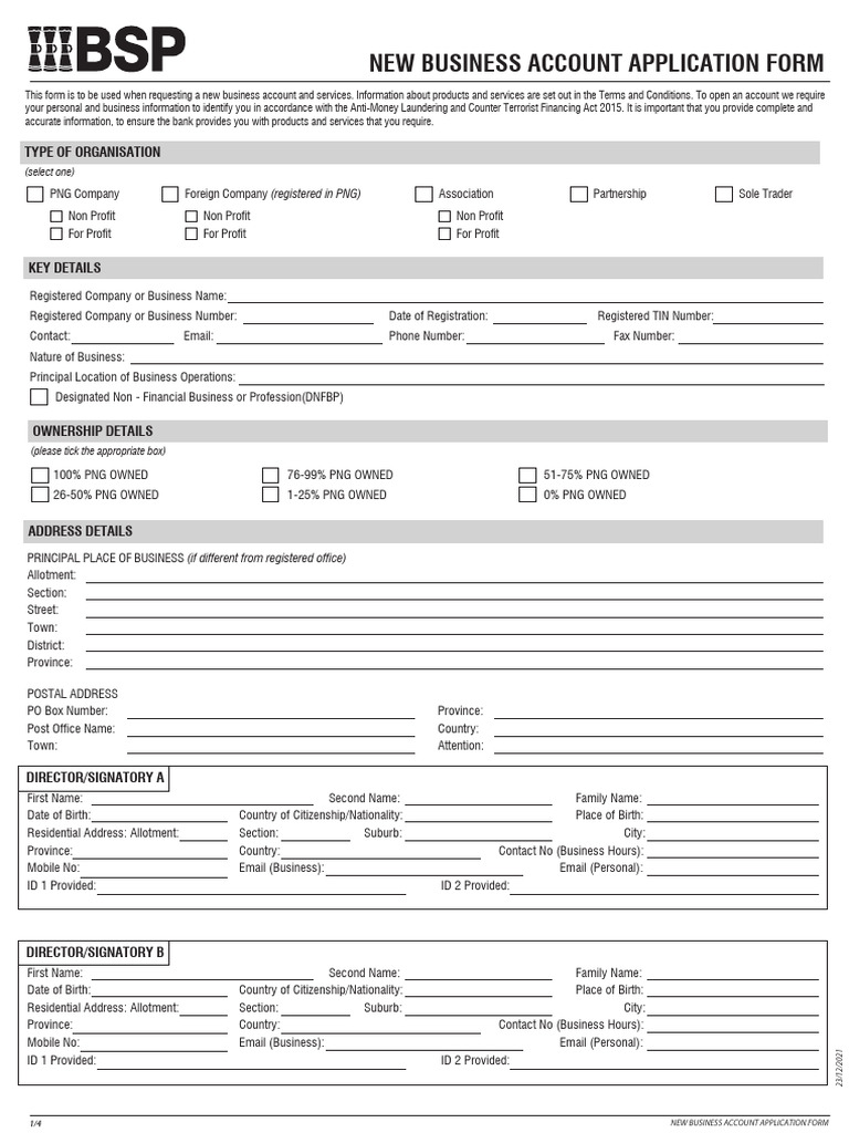BSP New Business Account Application | PDF | Banks | Online Banking