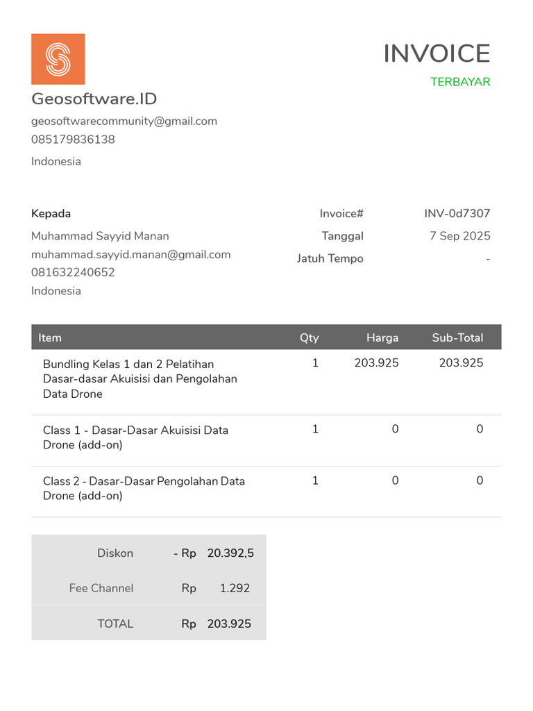 Invoice Pelatihan Data Drone 2025 | PDF
