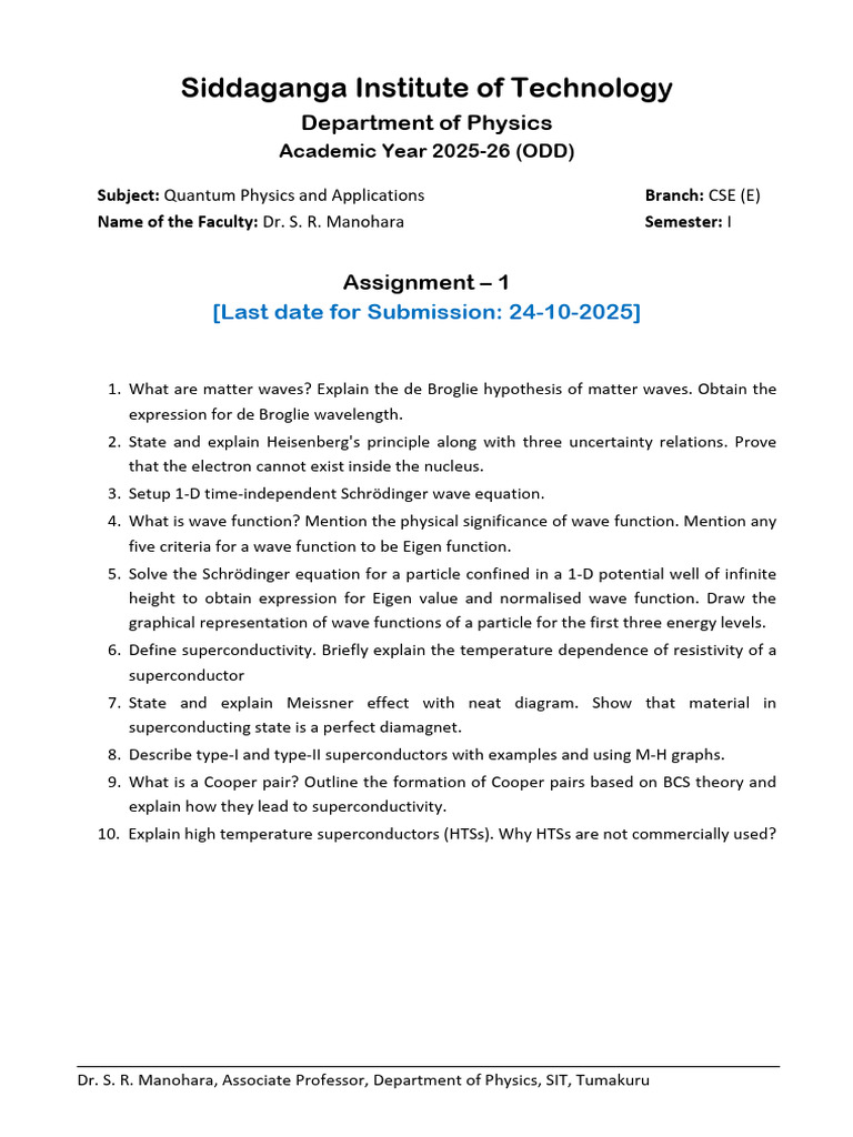 Quantum Physics Assignment 2025-26 | PDF