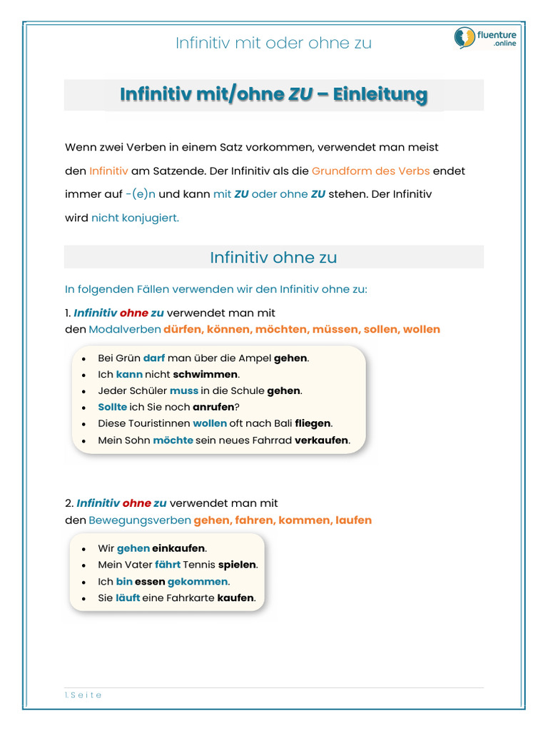 Infinitiv Mit Oder Ohne Zu - Überblick | PDF