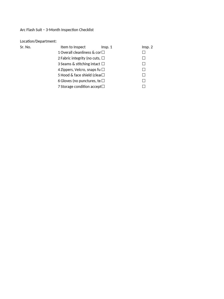 Arc Flash Suit Inspection Checklist | PDF