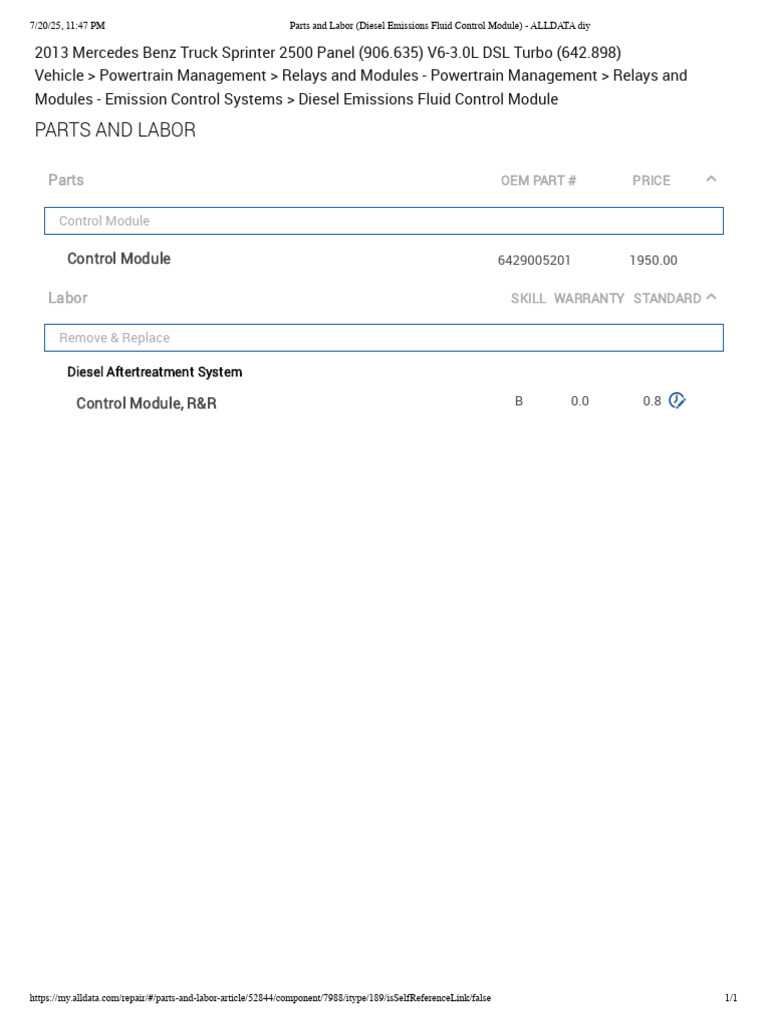 Parts and Labor (Diesel Emissions Fluid Control Module) - ALLDATA Diy | PDF