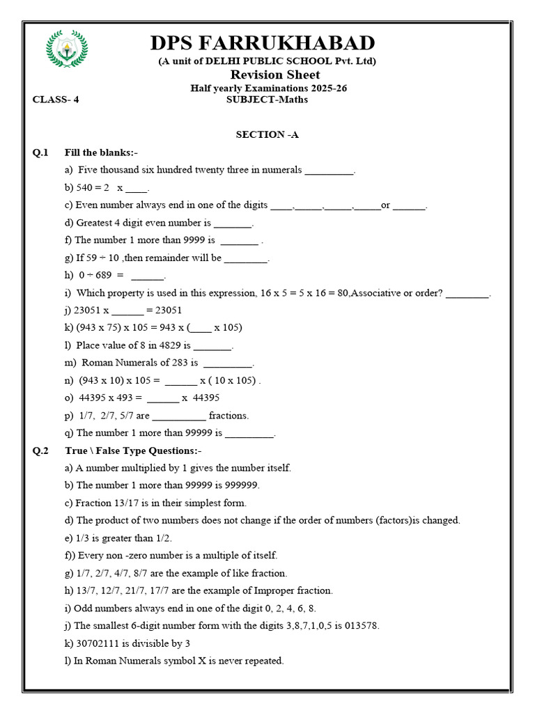 Maths Revision Sheet for Class 4 | PDF | Mathematical Objects ...