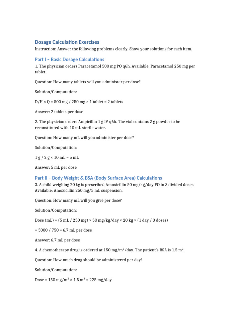Dosage Calculation Practice Exercises | PDF