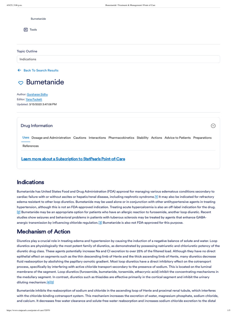 Bumetanide - Treatment & Management - Point of Care | PDF | Clinical ...