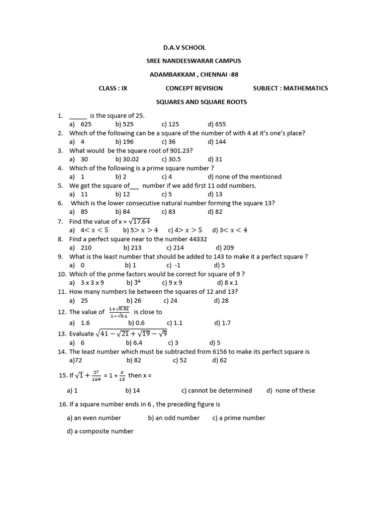 IX Math Revision: Squares & Roots | PDF | Numbers | Chess Openings