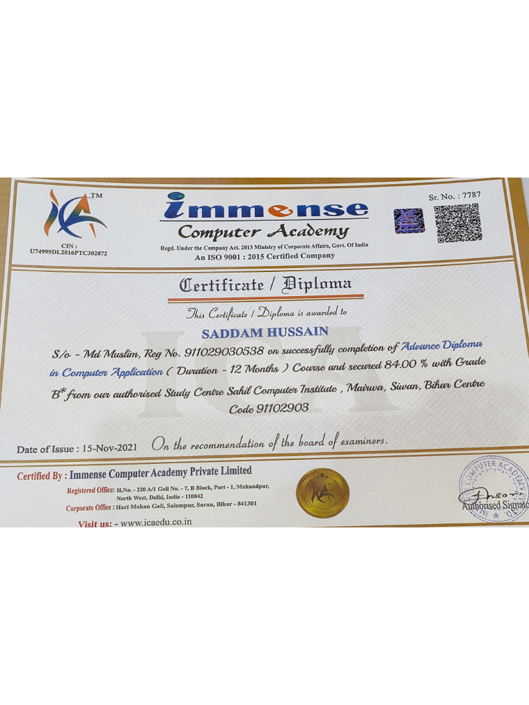 Saddam Computer Certificate | PDF