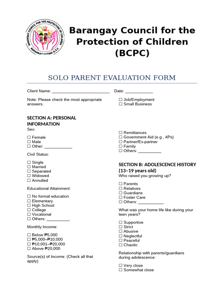 Solo Parent Evaluation Questionnaire Updated | PDF | Child Abuse ...