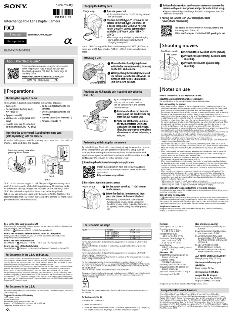Sony FX2 Camera Startup Guide | PDF | Camera | Smartphone