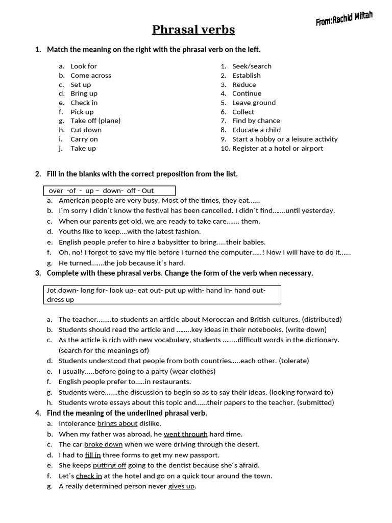 Understanding Phrasal Verbs Exercises | PDF | Linguistics