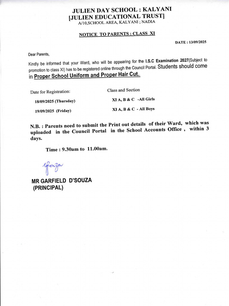 Class 11 Registration Deadline Notice | PDF