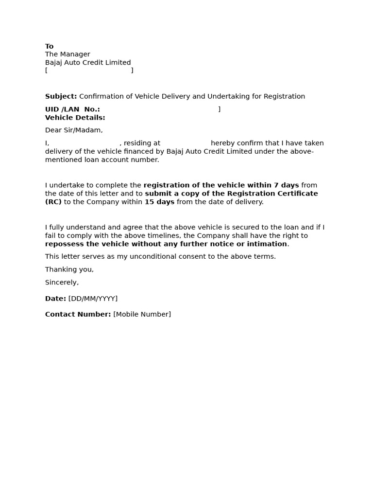 Vehicle Delivery Confirmation Letter | PDF