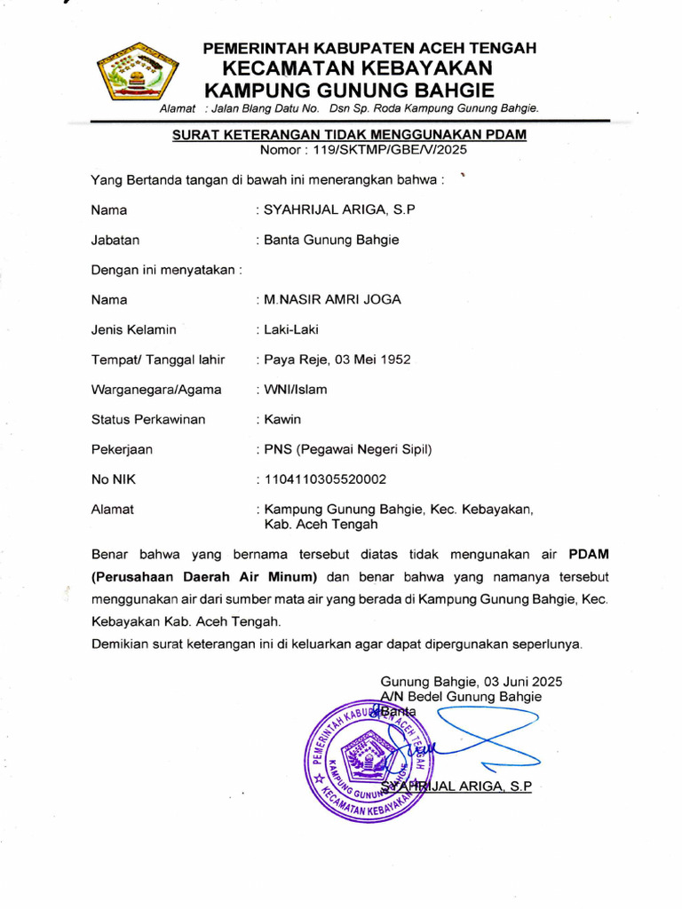 Surat Keterangan Pdam | PDF