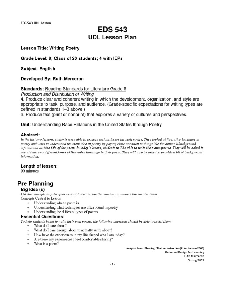 UDL Lesson Plan: Production and Distribution of Writing | PDF | Poetry ...