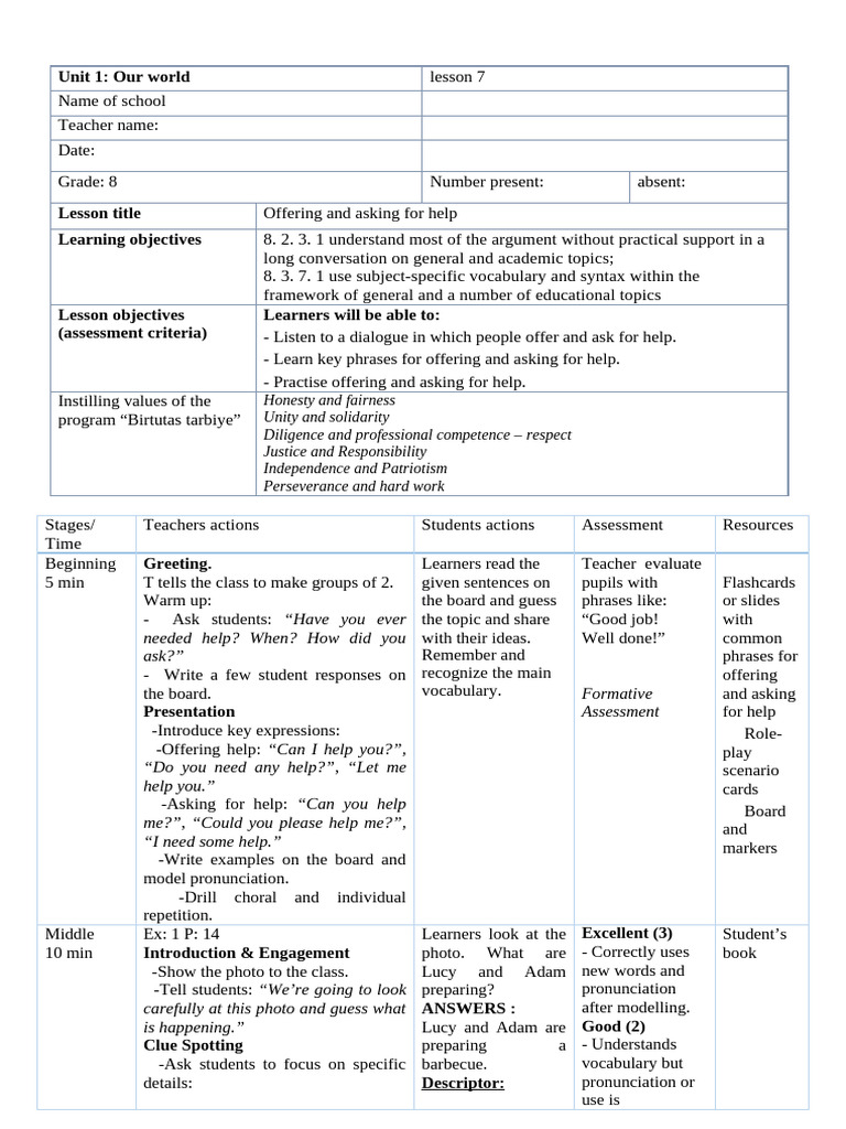 Offering and Asking for Help Lesson | PDF | Reading Comprehension ...