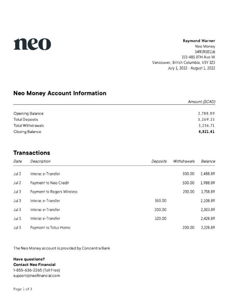Neo Bank Statement For 333-485 8th Ave W | PDF