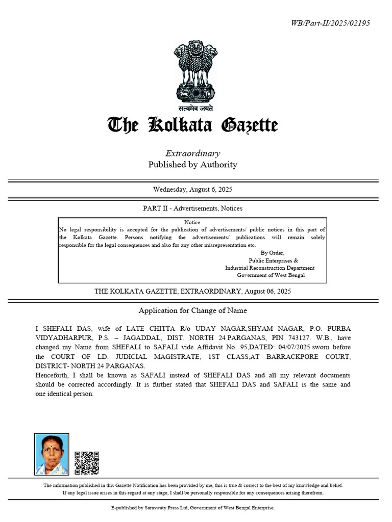 Name Change Notice in Kolkata Gazette | PDF