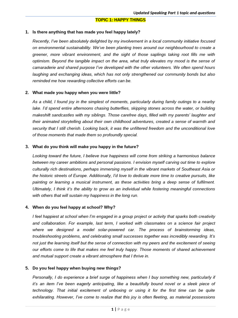 Updated Speaking Part 1 Questions Guide | PDF | Meal | Chocolate