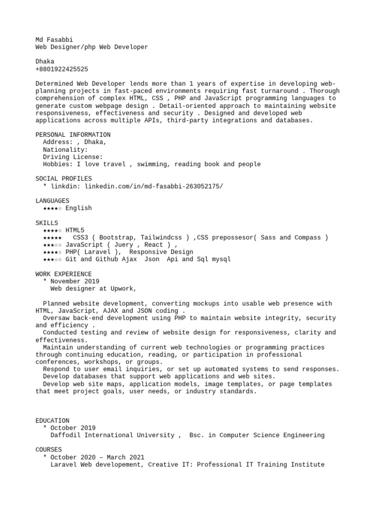MD Fasabbi - Resume - Web Designer - PHP Web Developer | PDF