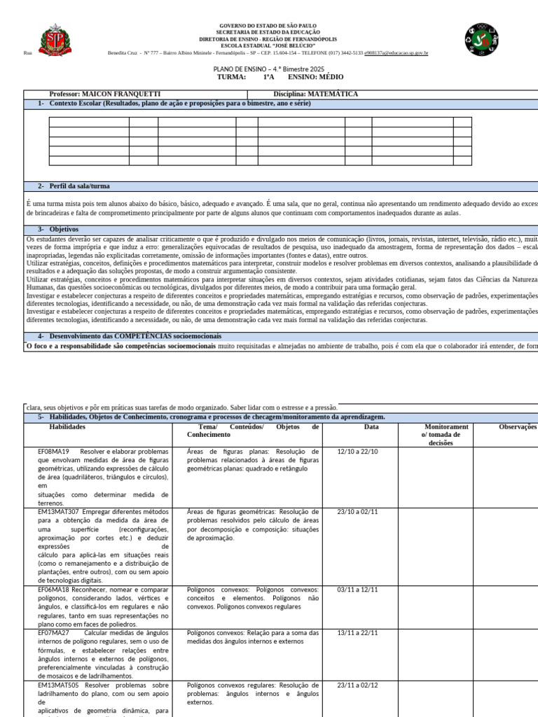 Plano de Ensino Matemática 1ºA 2025 | PDF | Triângulo | Círculo