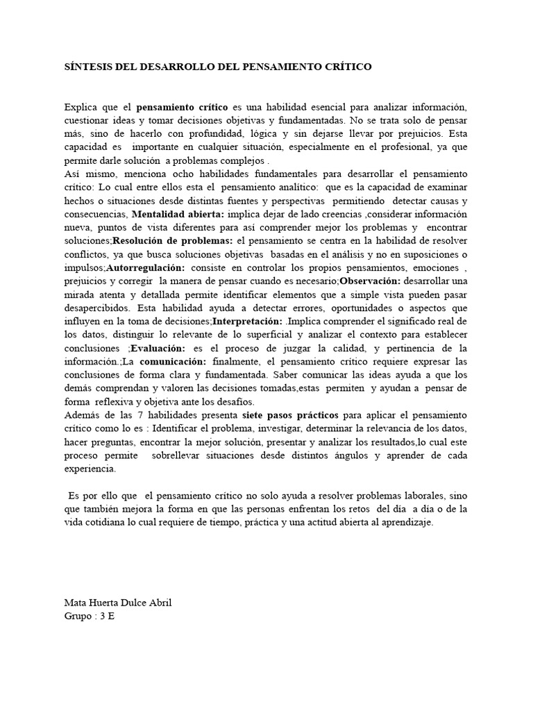 Habilidades y Pasos del Pensamiento Crítico | PDF | Pensamiento ...