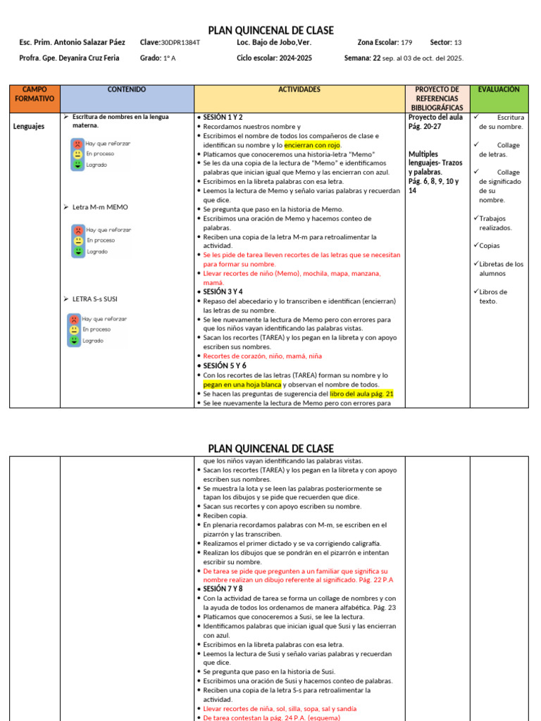 Plan Quincenal de Clase 1° A 2024-2025 | PDF