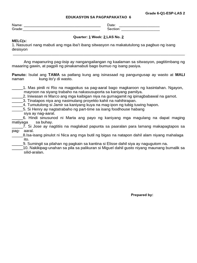 Grade 6 Q1 ESP LAS 2 | PDF