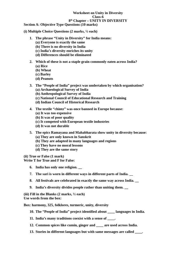 Unity in Diversity Worksheet for Class 6 | PDF