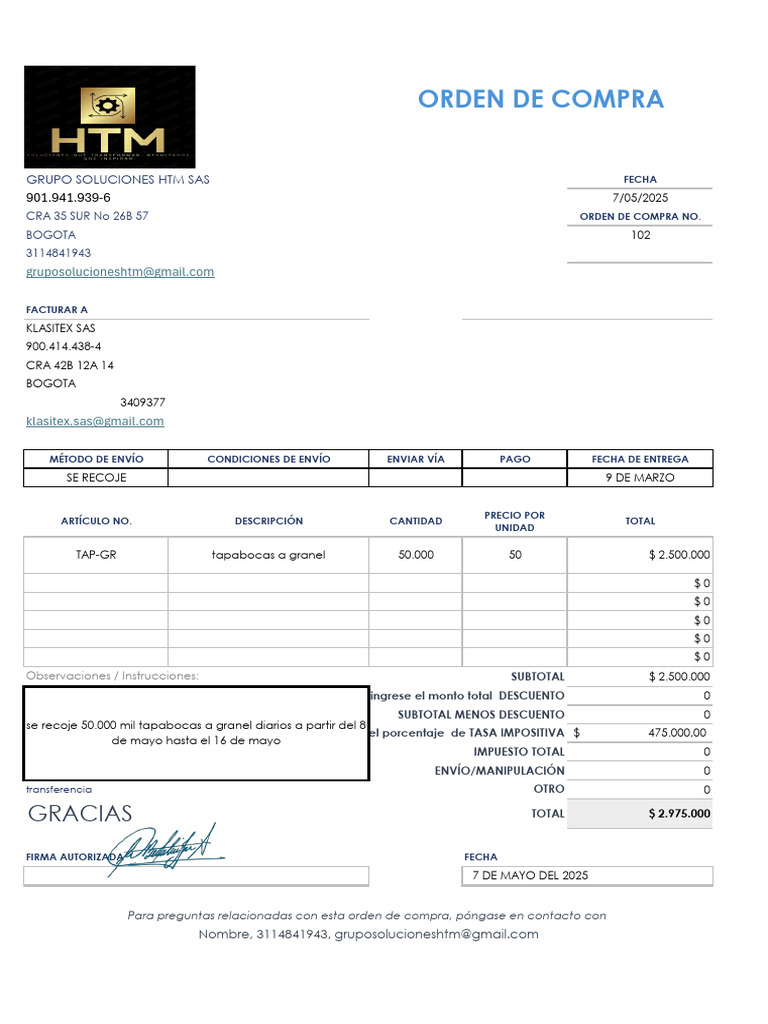 Orden de Compra Tapabocas a Granel | PDF | Economias | Finanzas del ...