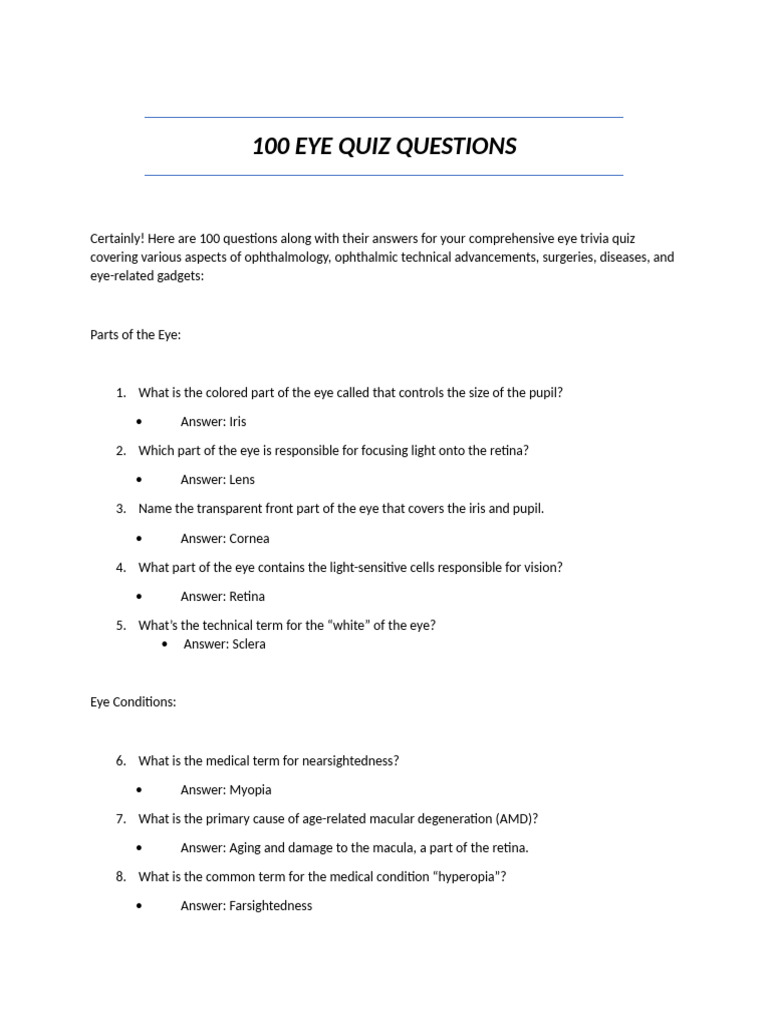 100 Eye Quiz Questions and Answers | PDF | Ophthalmology | Glaucoma