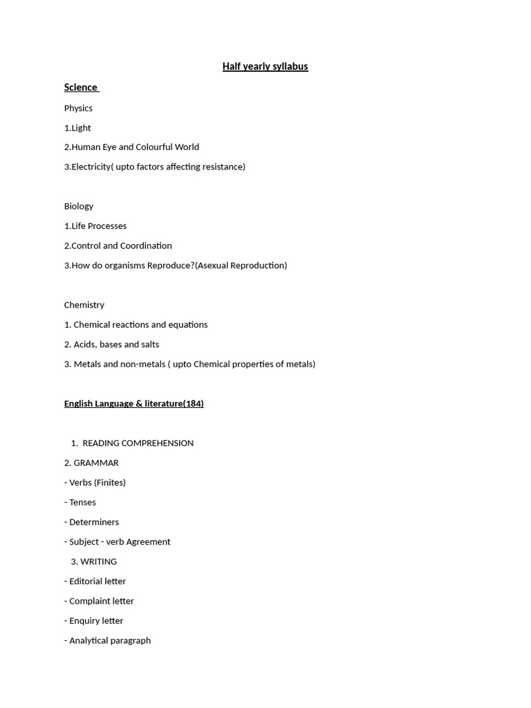 Half Yearly Syllabus | PDF