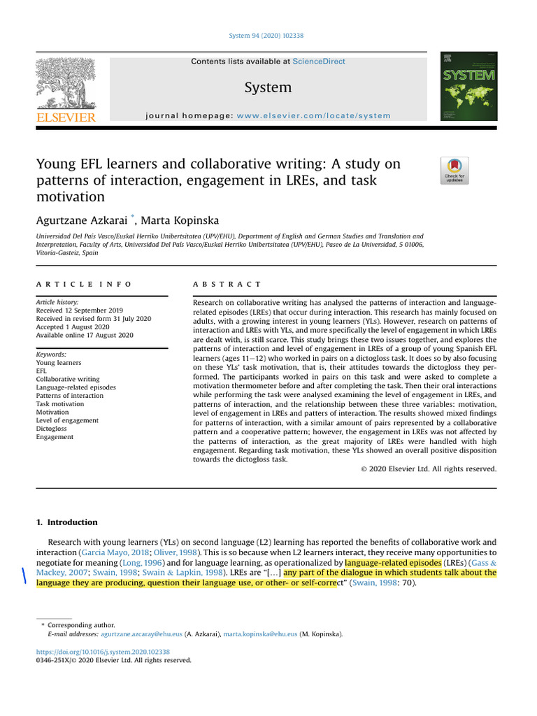 Young EFL Learners' Collaborative Writing Insights | PDF | Mann–Whitney ...