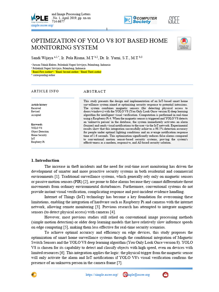 Optimization of Yolo v8 Iot Based Home Monitoring System | PDF ...