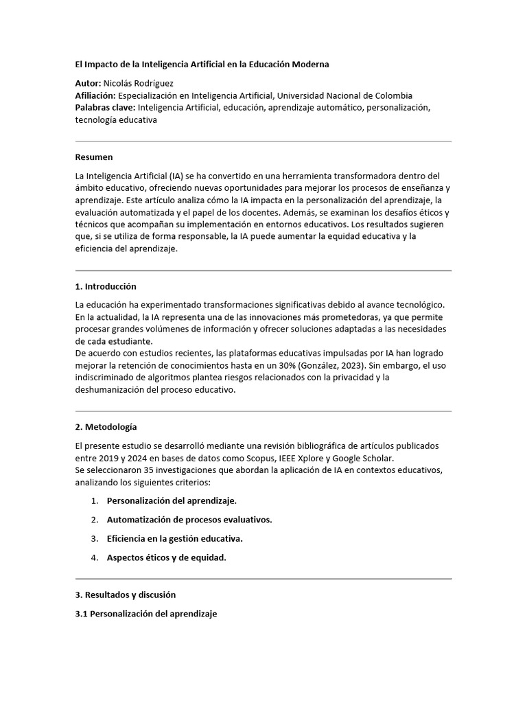 El Impacto de La Inteligencia Artificial en La Educación Moderna | PDF ...