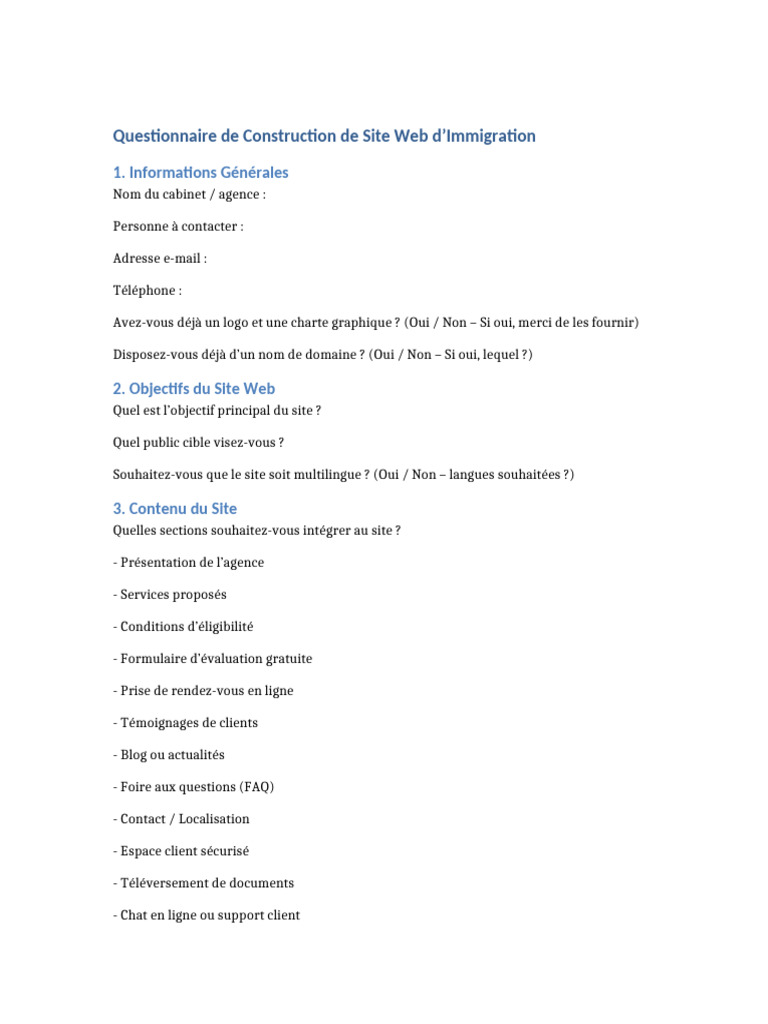 Questionnaire pour Site Web d'Immigration | PDF