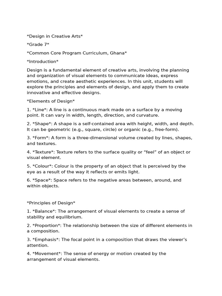 Grade 7 Creative Arts Design Notes | PDF | Composition (Visual Arts)