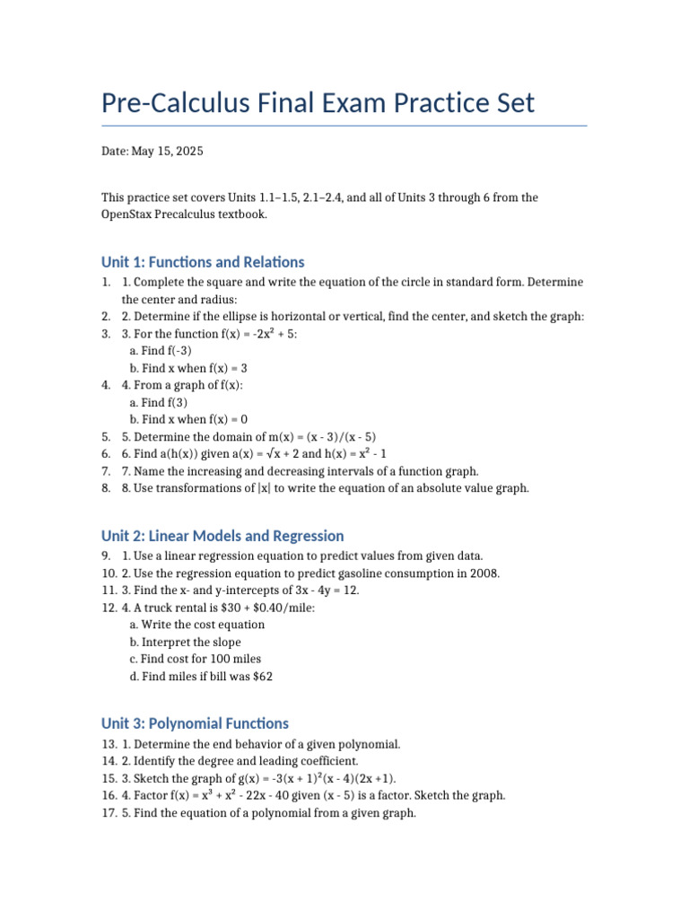 Pre-Calculus Exam Practice Guide | PDF