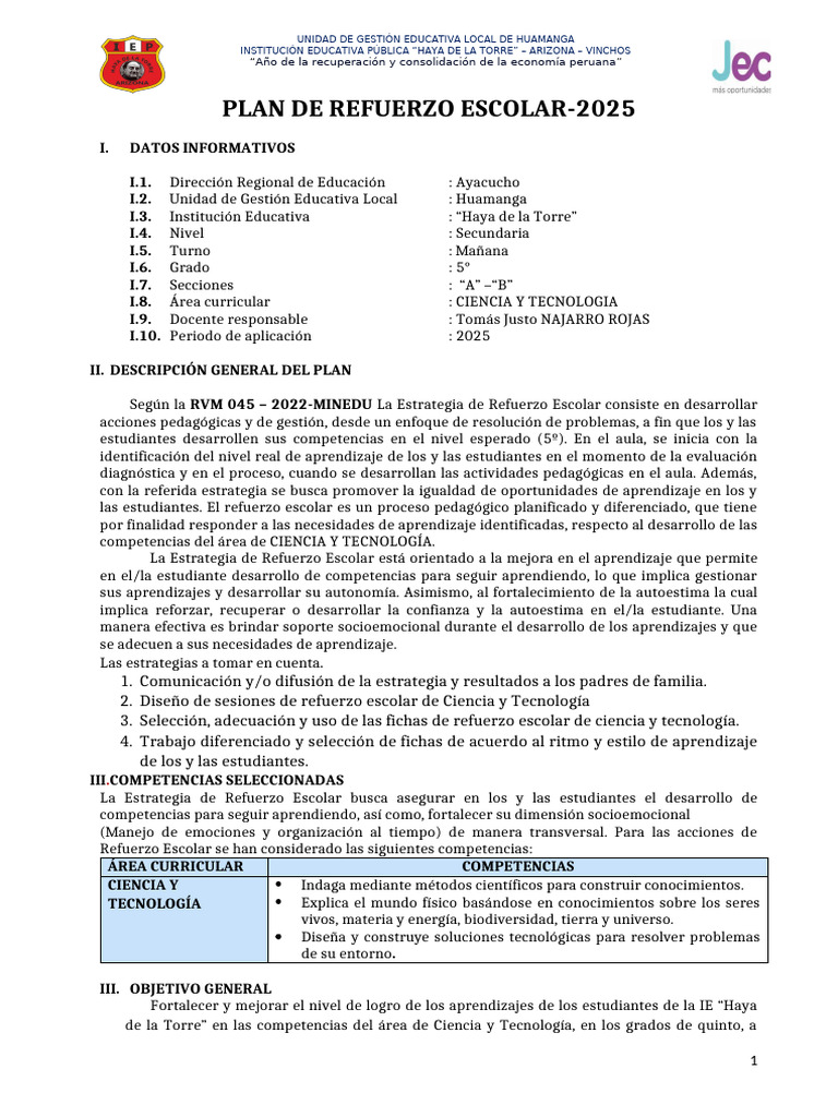 Plan de Refuerzo Escolar 2025 en Ciencia y Tecnología | PDF | Evaluación | Aprendizaje