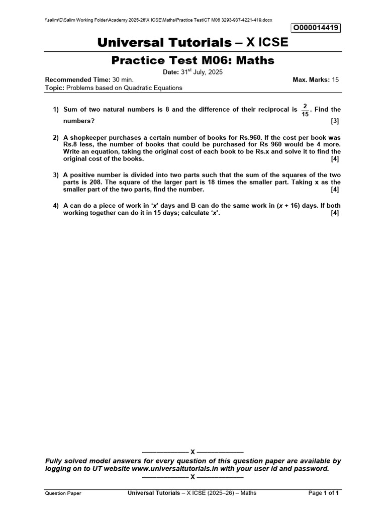 Universal Tutorials: Practice Test M06: Maths | PDF