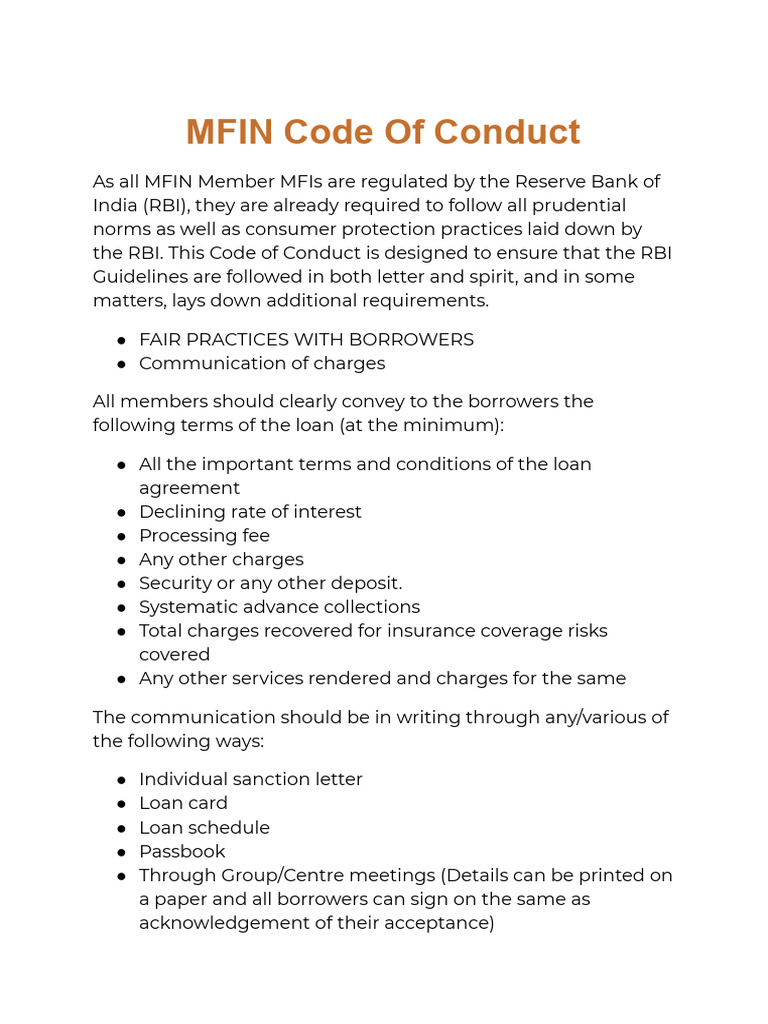 MFIN Code of Conduct Guidelines | PDF | Loans | Microfinance