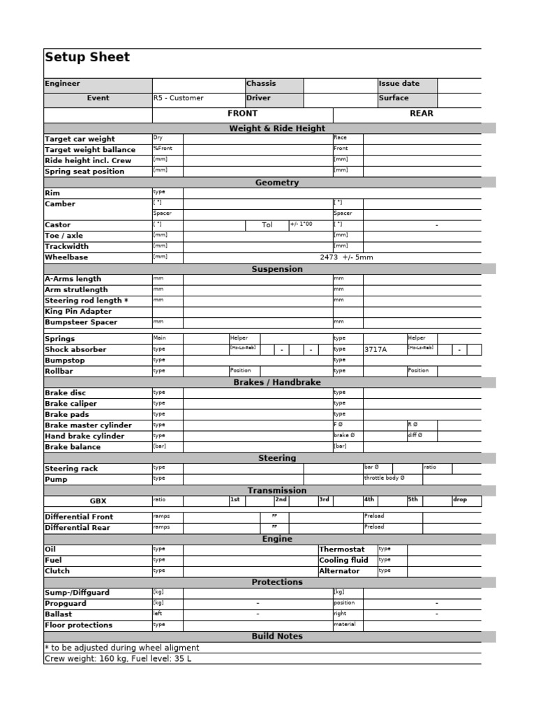 Racing Car Setup Specification Sheet | PDF | Brake | Car Body Styles