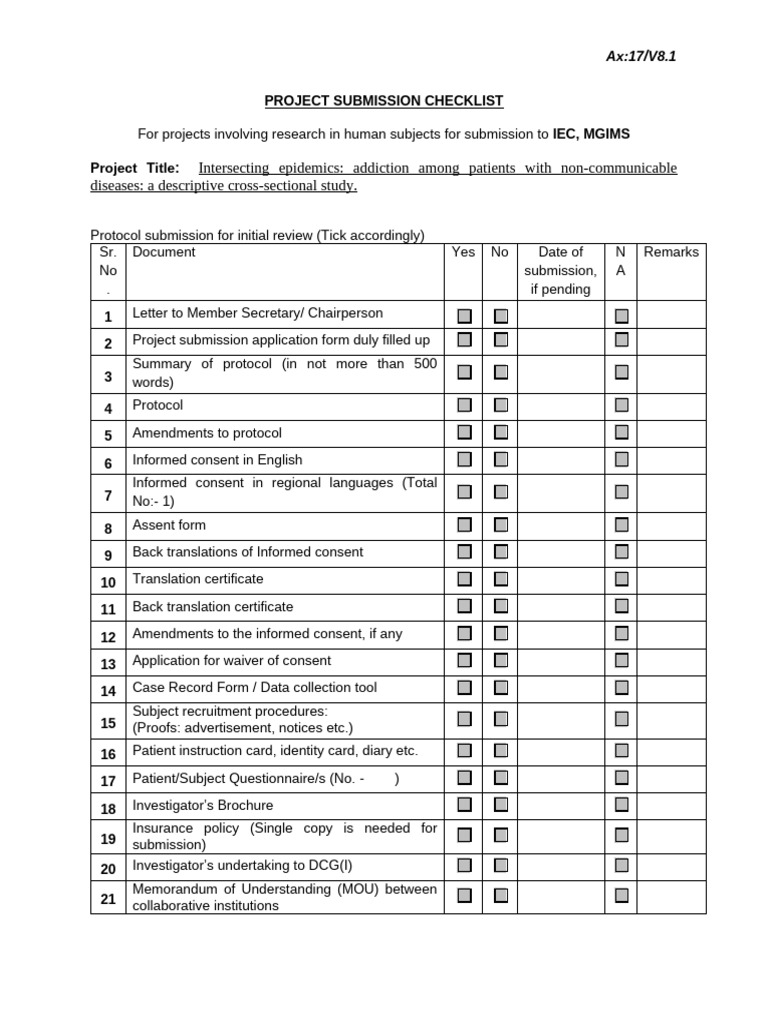 IEC Project Submission Checklist | PDF | Informed Consent | Medicine